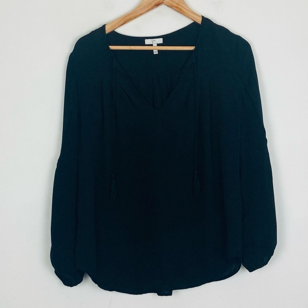 Joie split neck tassel tie black silk shirt with balloon  cuffed sleeves. XS